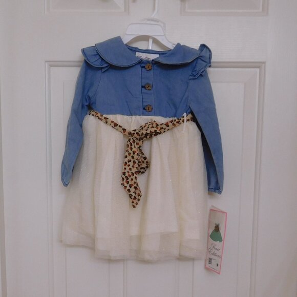 NWT Rare Editions Long Sleeve Jean Top Tulle Skirt Dress sz 24 Months - Picture 1 of 3